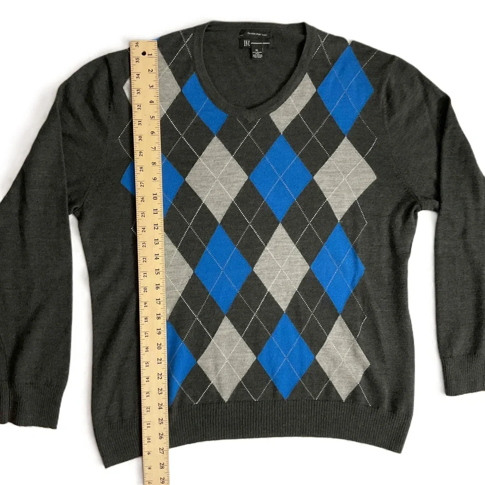 INC Grey Blue Argyle Merino Wool Crewneck Sweater Mens‎ Size XL